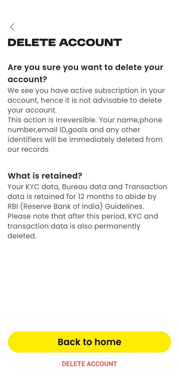 Delete account confirmation screen